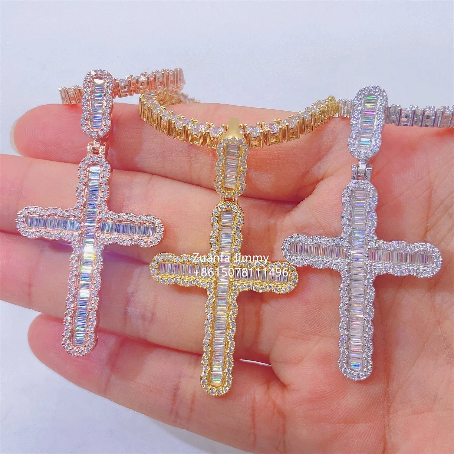 Pass Diamond Tester VVS Baguette Diamond Jewelry Hip Hop Iced Out Men Women Christian Jesus White Yellow Rose Gold Cross Pend