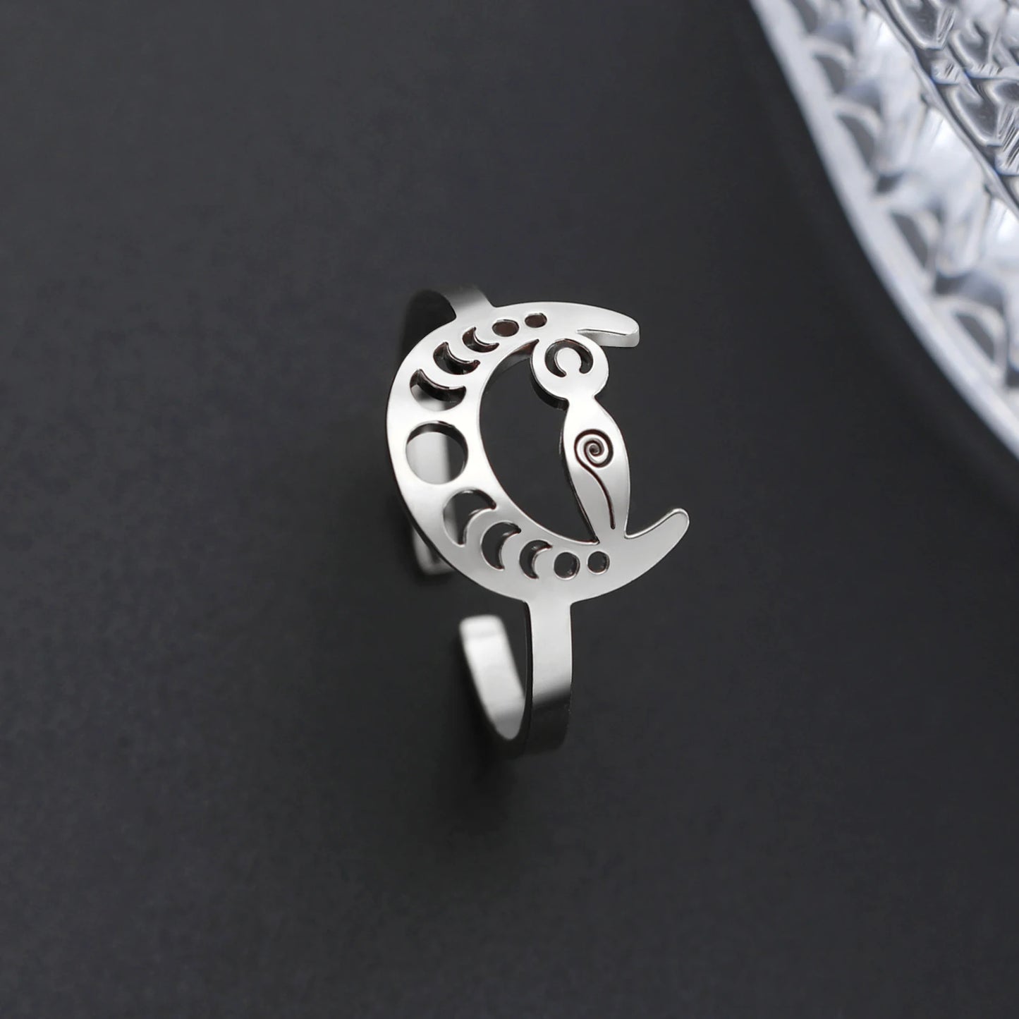 Moon Phase Ring Stainless Steel Hollow Crescent Wiccan Spiral Moon Finger Ring Women Mythology Pagan Amulet Jewelry Gifts