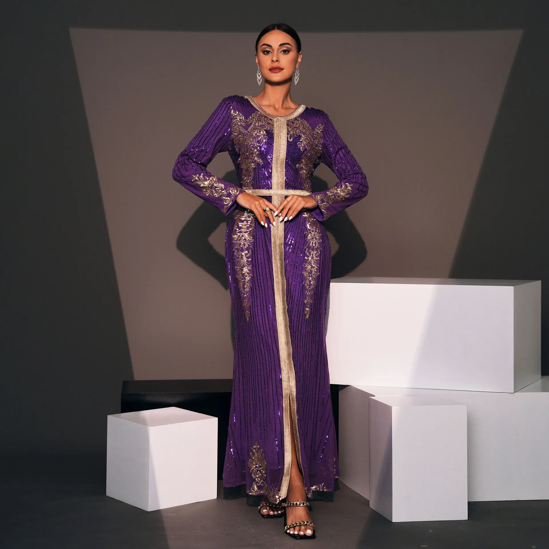 Arabic Luxury Sequin Dubai Split Evening Dress for Women Wedding Elegant Kaftan Formal Party Gowns