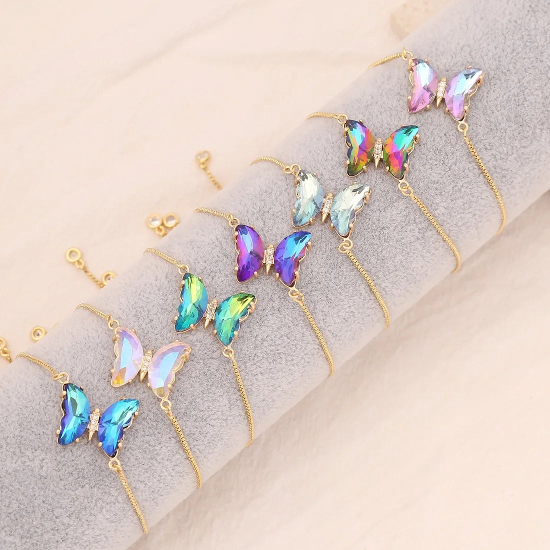 18k Gold Plated Clear Multicolor Zircon Butterfly Bracelet Adjustable Bracelet Slider Clasp Brass Light Luxury Bracelet Gift 