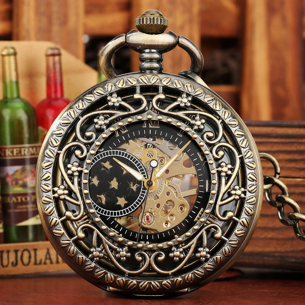 Vintage Hollow Bronze Half Hunter Steampunk Hand Winding Skeleton Mechanical Pocket Watch for Men Gift