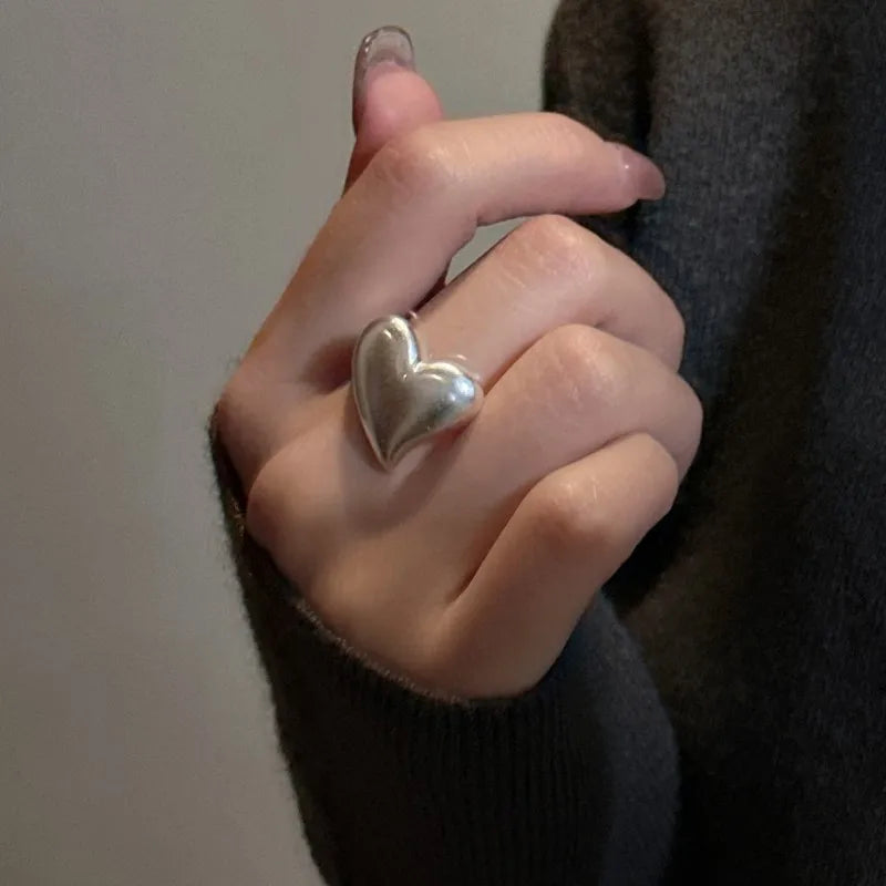 100% 925 Sterling Silver Big Frosted Heart Shape Chunky Rings for Women  Fashion Jewelry Rings