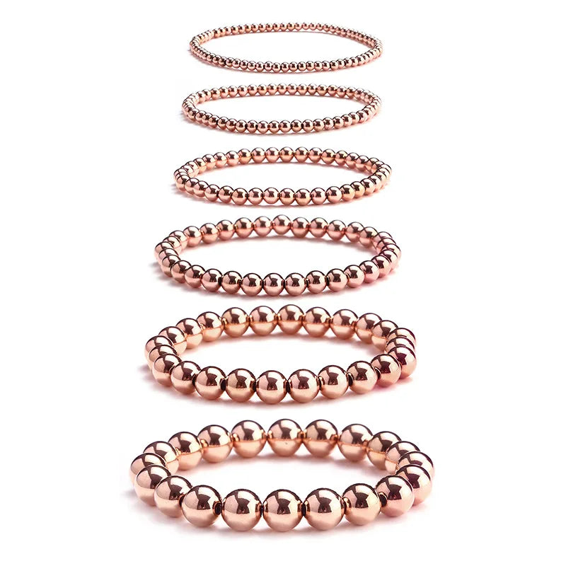 3/4/5/6/8/10 mm Stainless Steel Ball Classic Children's Engagement Rose Gold PVD Plating Waterproof No Fade Stretch Bracelet