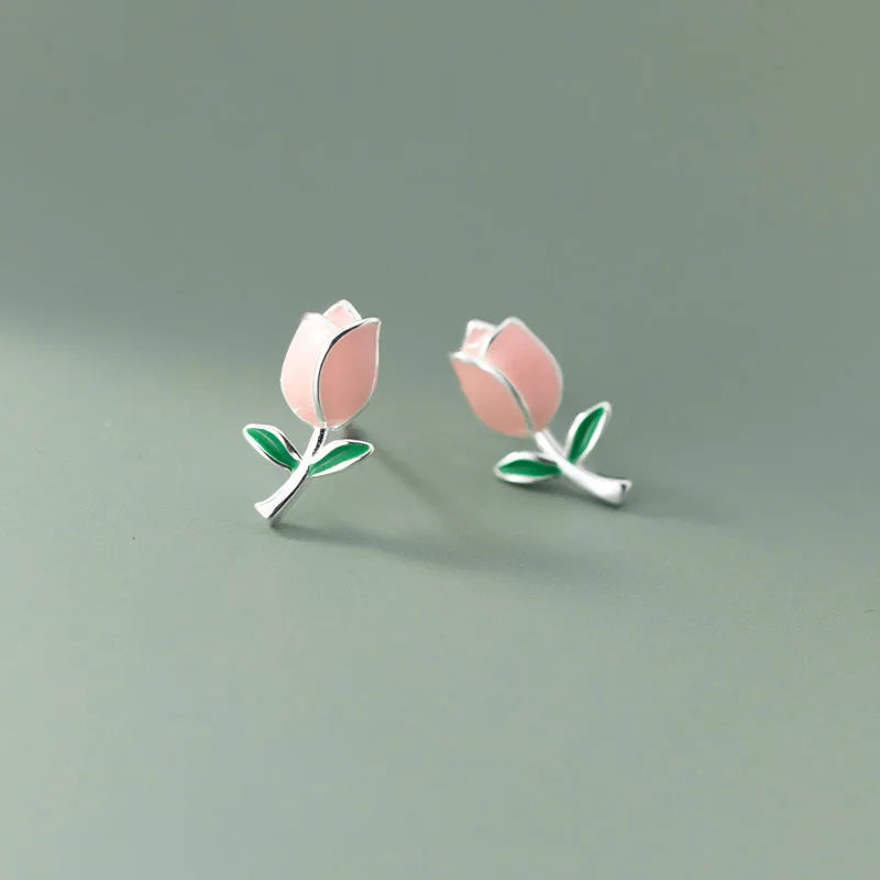 Fashion Pink Enamel Tulips Flower Stud Earrings Wholesale 925 Sterling Silver Girls Summer Jewelry Gifts