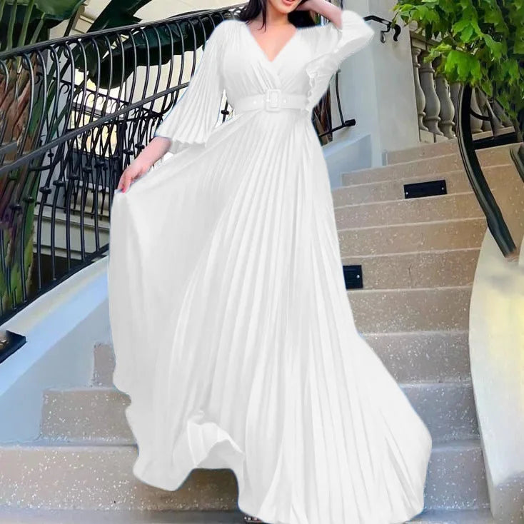 New Design Temperament Splicing High Waist Loose Long Dress Plus Size Womens Dress Pleated Dress With Free Belt