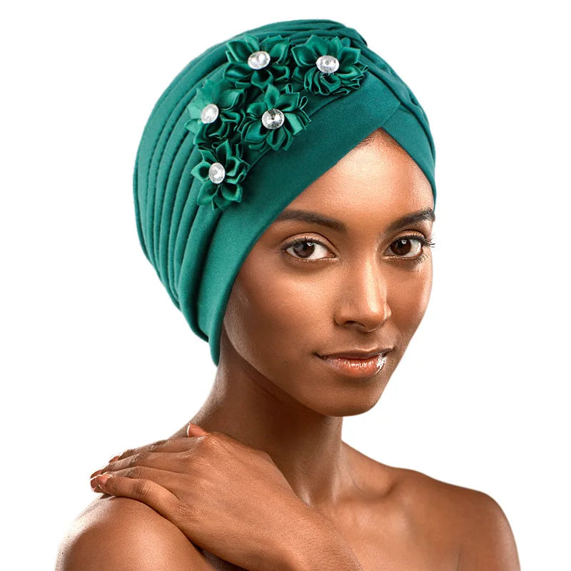 JINBEI-Yilibei Newest Spring & Summer  Popular Environmental Friendly Milk Silk Monochrome Beaded Whip Turban Hat Sleep Bonne