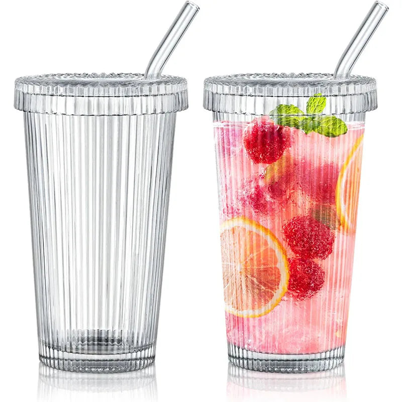 Clear Ribbed Iced Coffee Cup Vintage Drinking Jar Glasses Dishwasher Safe Fluted Glass Tumbler with Lid and Straw