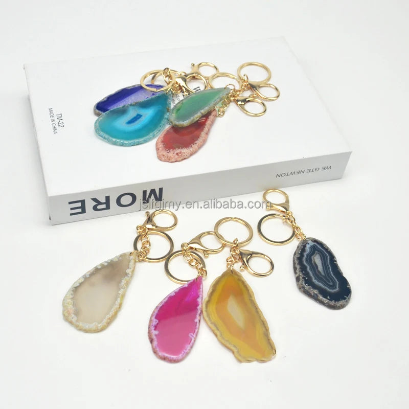 Natural Agate Slice Raw Stone Rainbow Electroplated Irregular Shape Keychain Key Ring Bag Pendant Charm