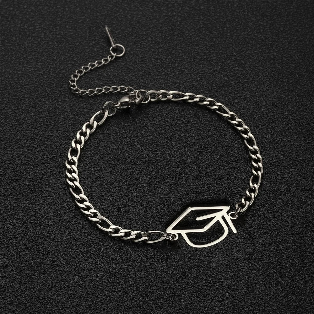 Bachelor Cap Charm Bracelet for Women Men Stainless Steel Figaro Chain University Student Graduation Gifts Jewelry for Friend