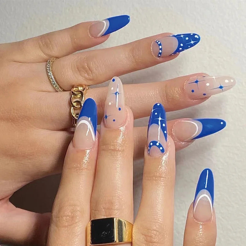 Blue Simple 24PCS Design Medium Length French Almond Nails Press On Full Cover False Nail Press on Nails with Painting Nail A
