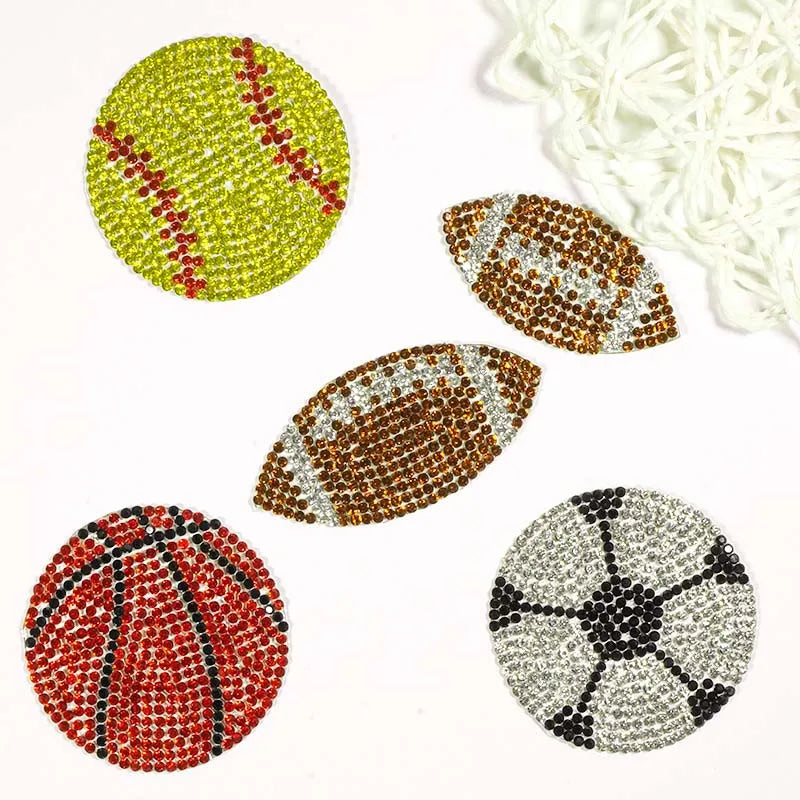 Retro Basketball Football Diamond Motif Sticker Iron-on Creative Hat Jersey Ball Applique Hot Fix CZ Crystal Rhinestone Patch