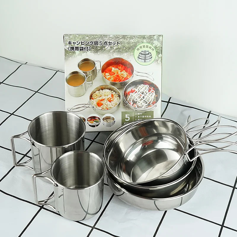 Chenfan Stainless Steel Camping Pot Mess Outdoor Tableware Cookware Set Stainless Steel Cup Bowl Portable Sets