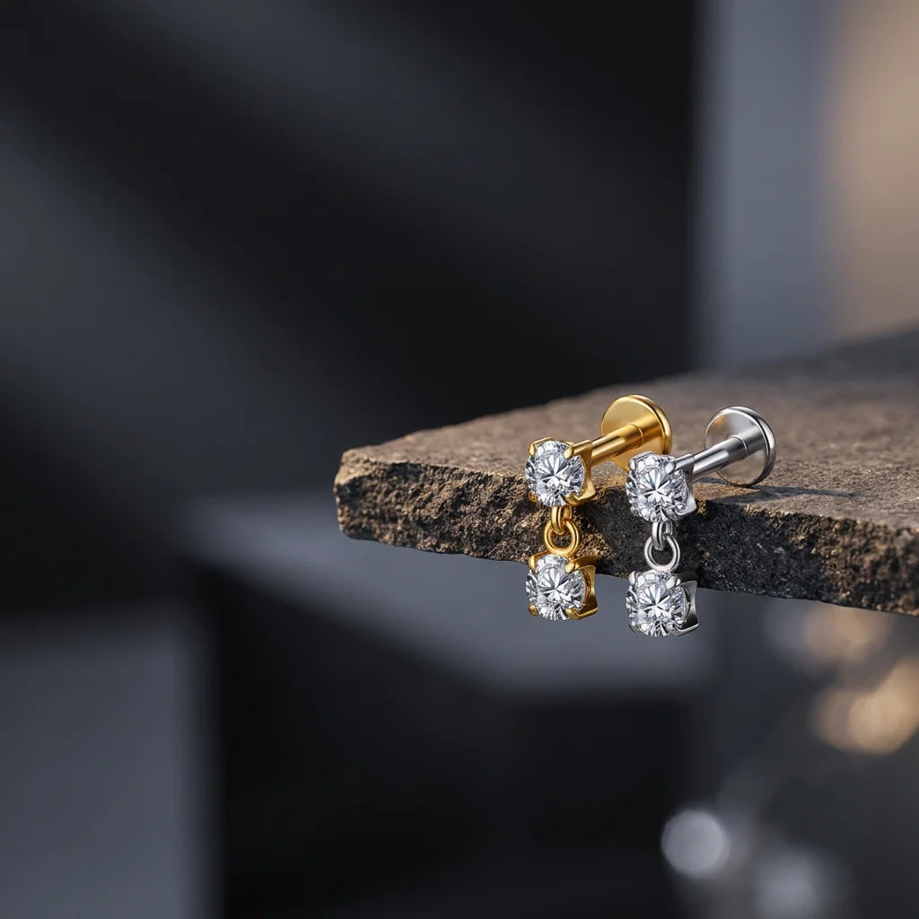 Right Grand ASTM F136 Titanium 16G Double CZ Floating Dangle Tragus Helix Cartilage Stud Internally Threaded Charm Drop Earri