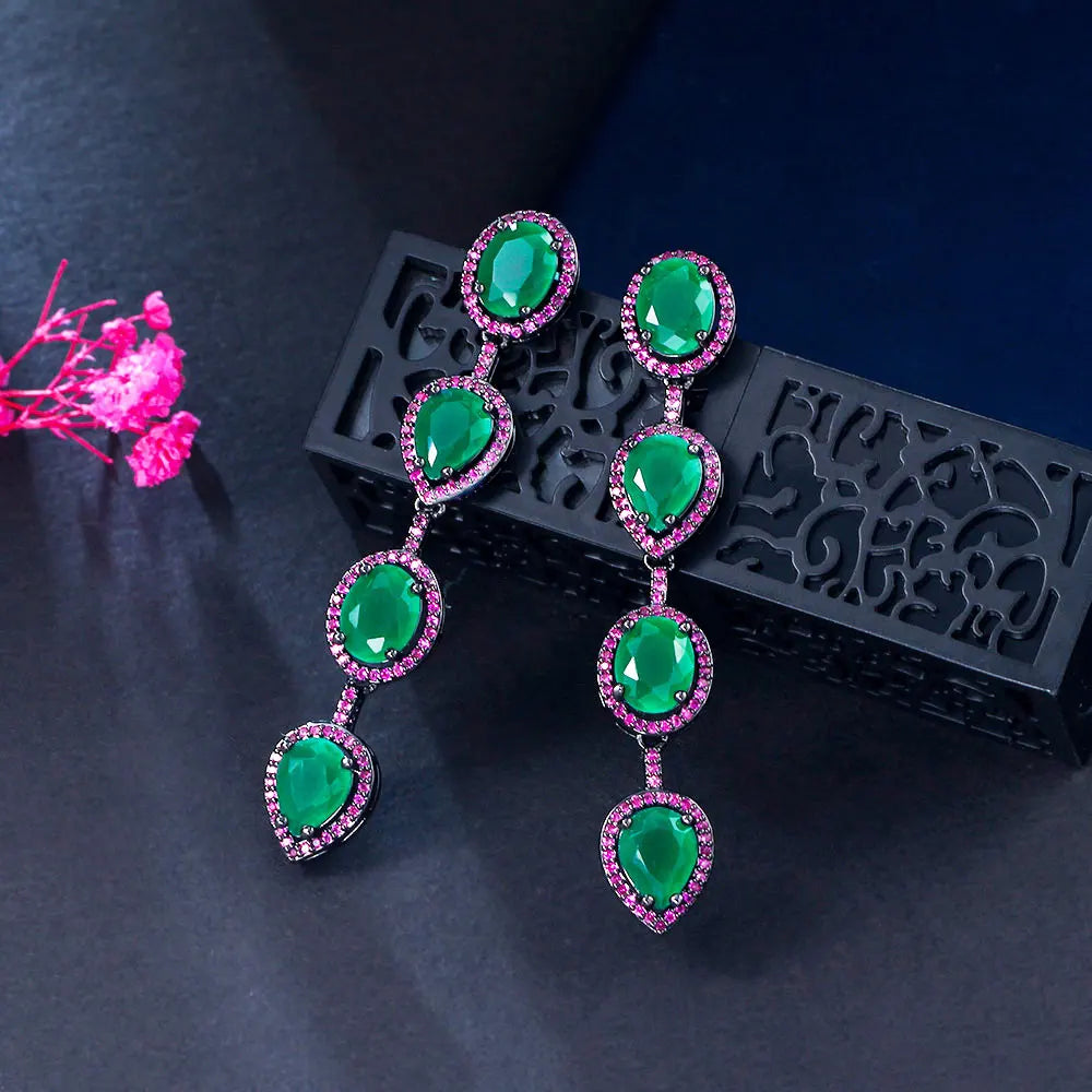 Elegant Fuchsia Green CZ Tear Drop Oval Cut Cubic Zirconia Stones Long Drop Earrings for Women Party Wedding Jewelry Accessor