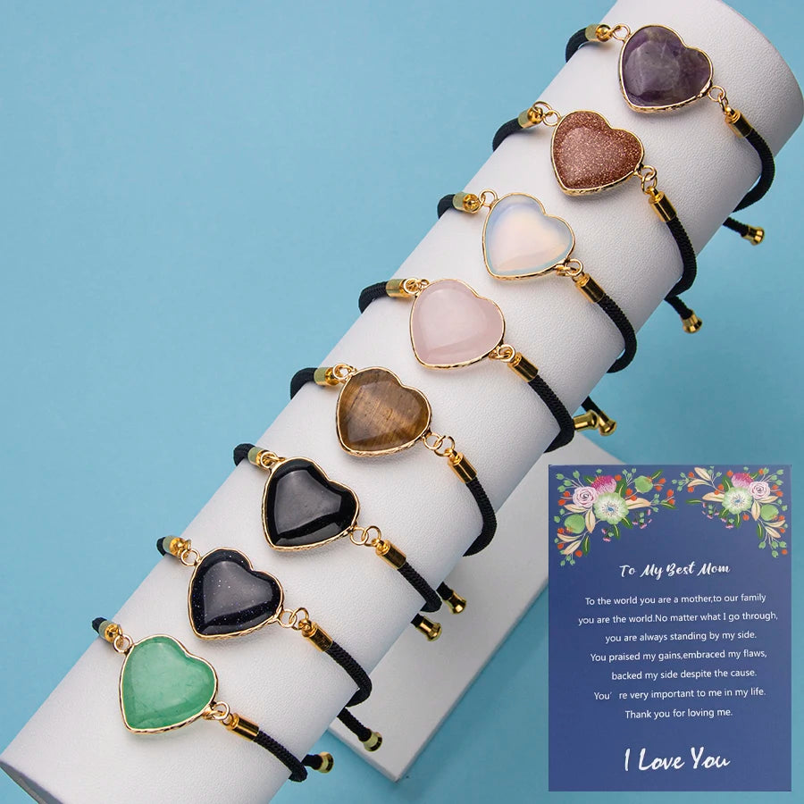 Natural Crystal Stone  Heart Edge Adjustable Rope Bracelet  Rose Quartz Bracelet Give to Mother Inside Is a Card for Your Mot