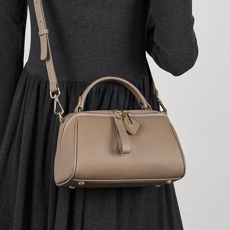 Luxury Genuine Leather Handbags for Women Top Grain Cowhide Boston Bag Versatile Small Shoulder Crossbody Bag Minimalist Tote