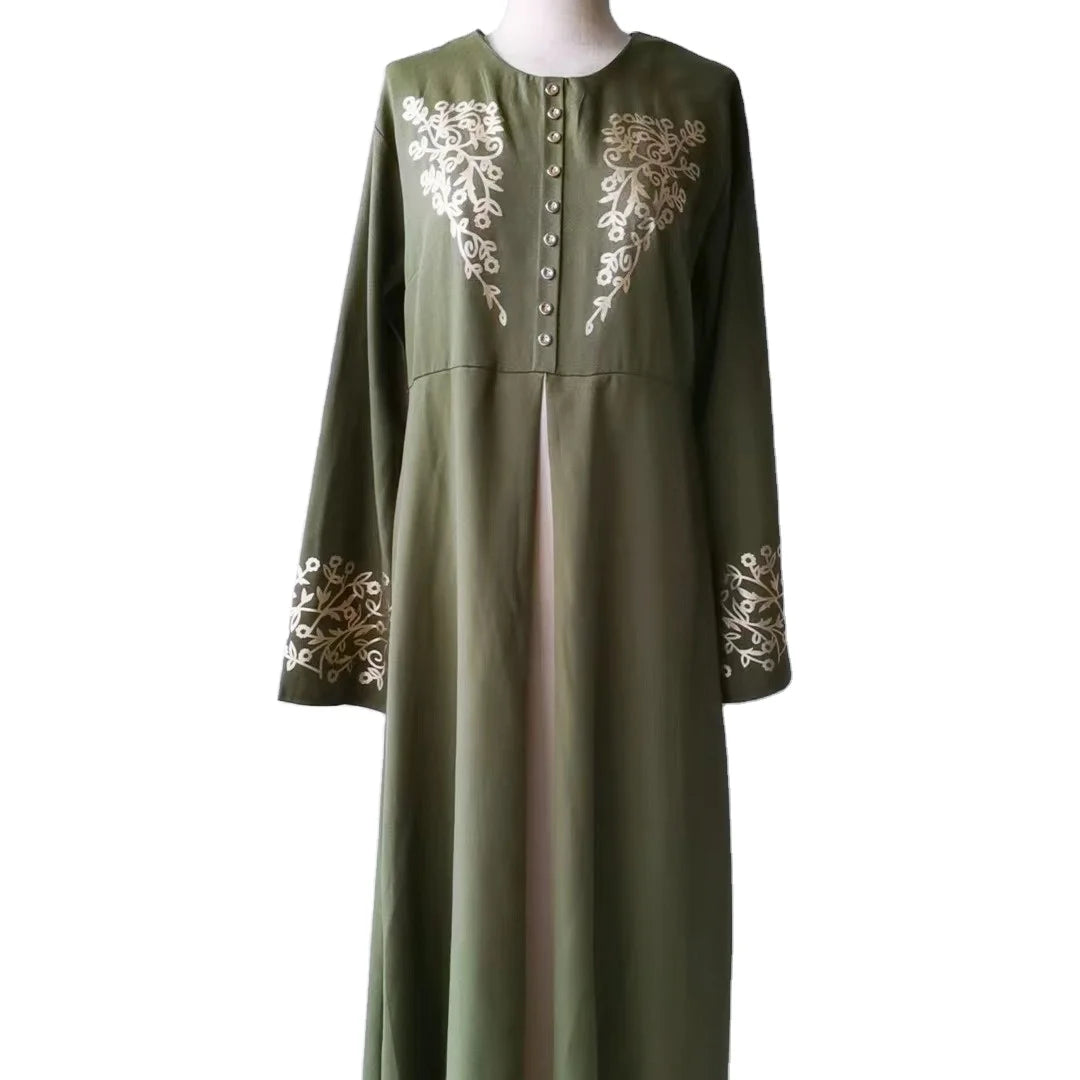 Pure Black Red Green Color Front Printing Flower Slit  Button Decoration  Fashionable Long Skirt for Muslim Women