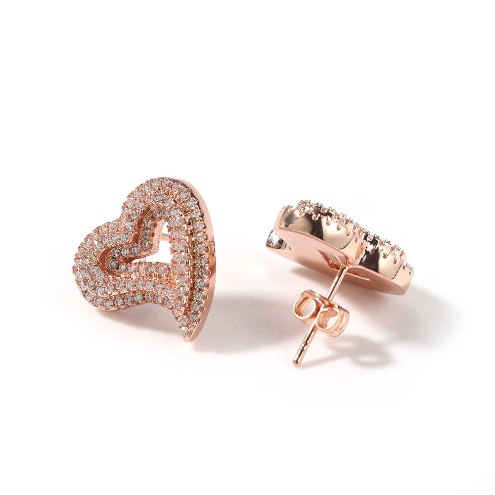Charming Gold Plated Micro Inlaid Heart Stud Earrings Perfect Gift for Fashionable Men and Women Hip Hop Lovers