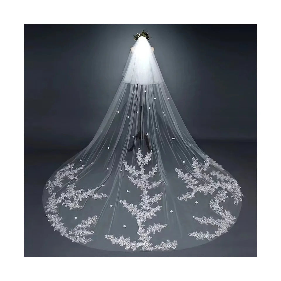 New 3 Meters Eco-Friendly White Flower Polyester Embroidery Lace Wedding Headdress Veil Trailing for Bride Mesh Fabric-TS05
