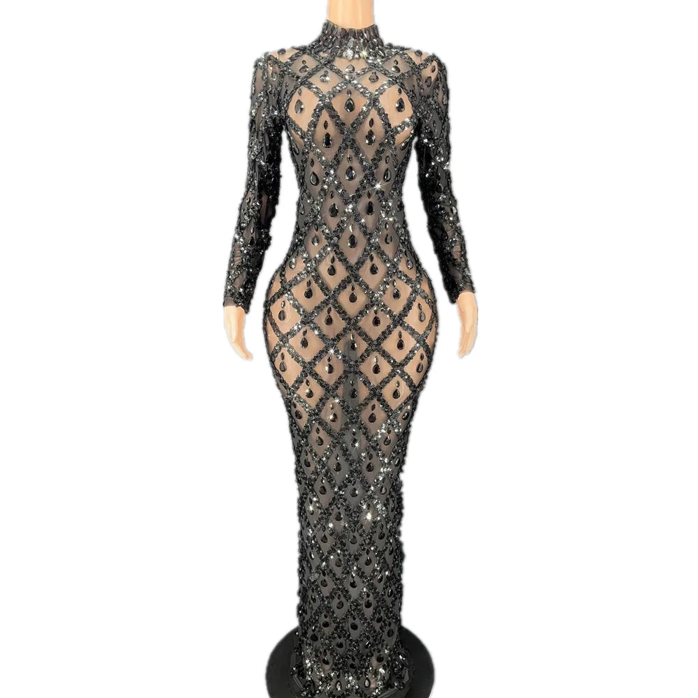 Sparkly See Through Sequins Crystal Ballroom Wedding Birthday Dinner Gown Evening Dresses Ladies Sexy Club Dress Long Prom Dr