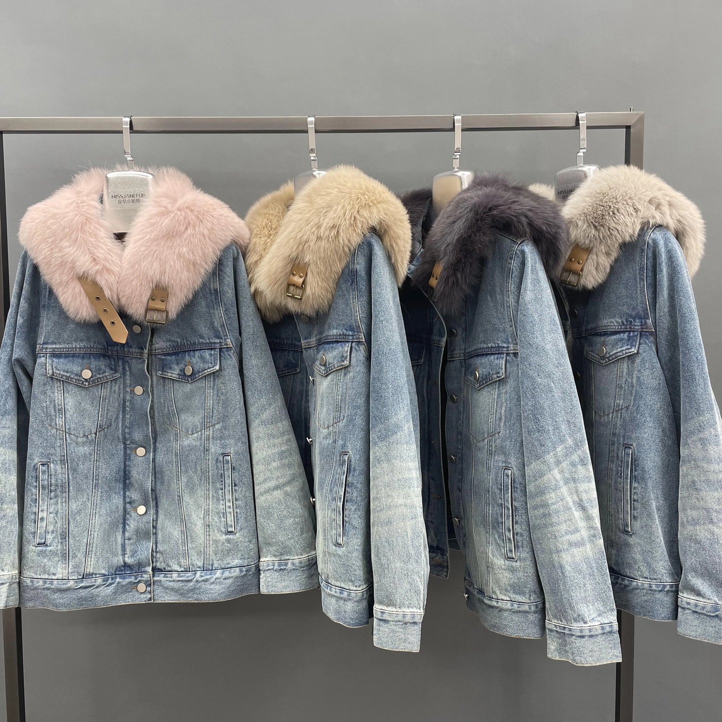 Latest Design Denim Jackets Real Fox Fur Trim Coat Rabbit Fur Lined Fox Fur Denim Parka