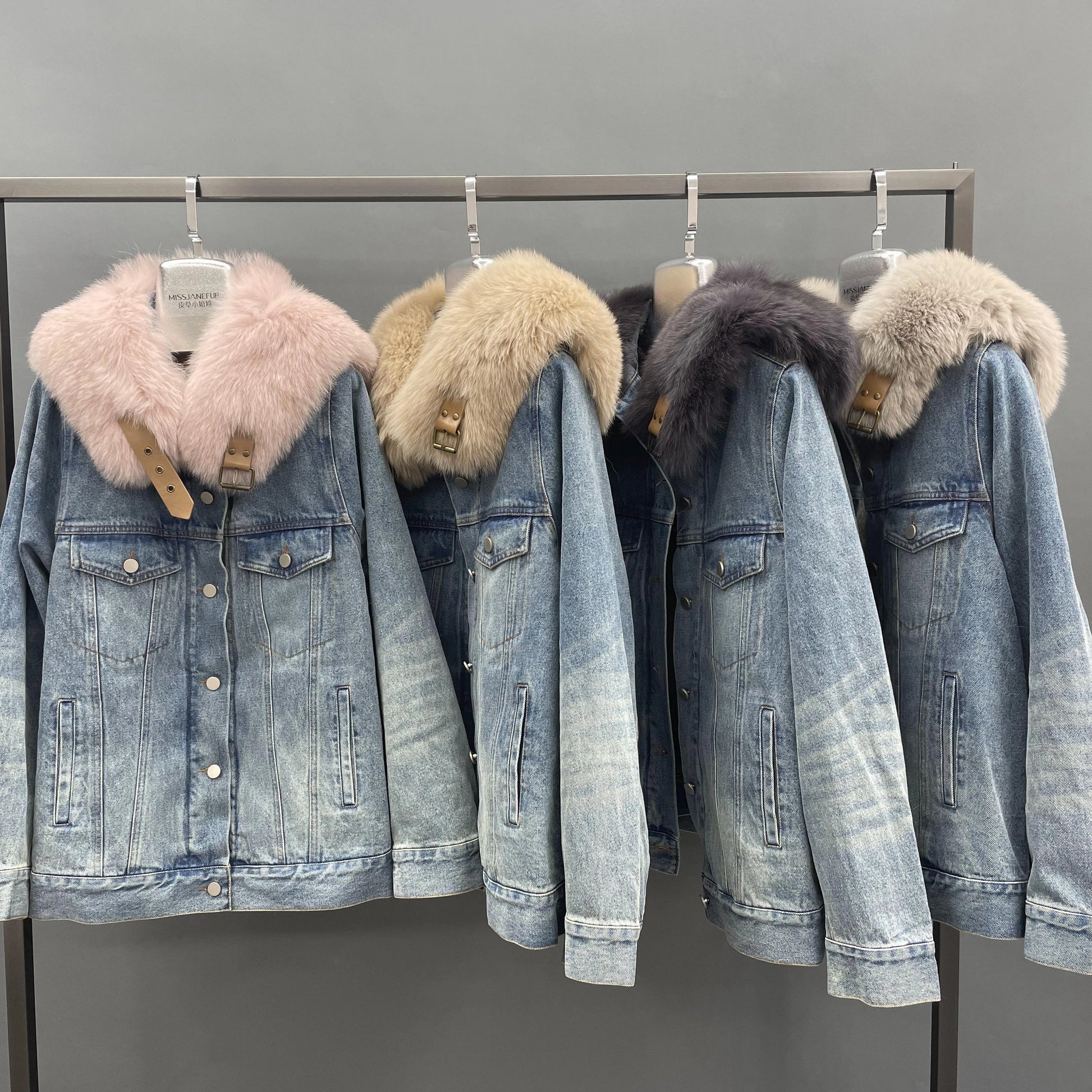 Latest Design Denim Jackets Real Fox Fur Trim Coat Rabbit Fur Lined Fox Fur Denim Parka