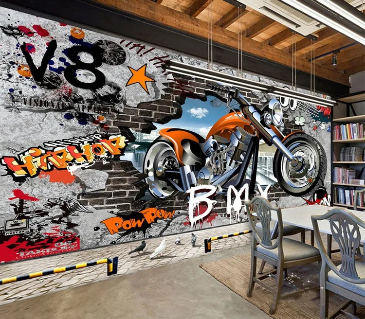 Retro Nostalgic Motorcycle Graffiti Poster Self-Adhesive Wallpaper Bar Ktv Internet Cafe Cafe Decorative Background Wall Stic