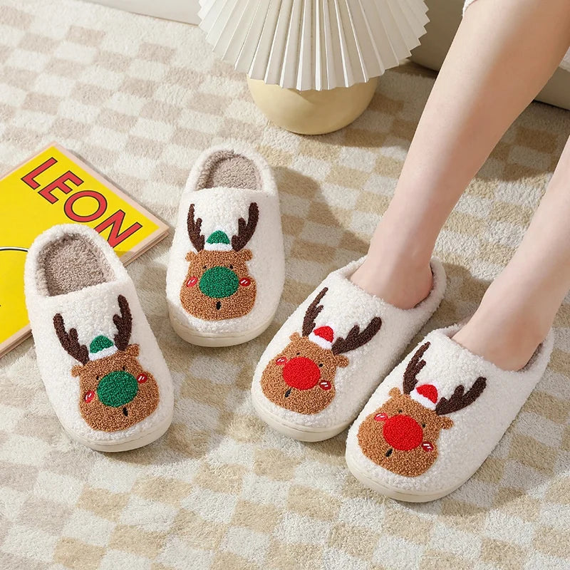 Winter Women  Ladies Girls  Christmas Deer Fleece Fluffy Plush Animal Home Indoor Warm Slipper