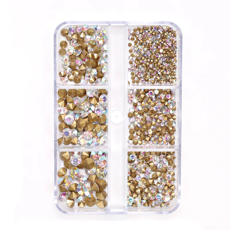 6 Grid Nails Art Accessories AB Clear V-bottom Rhinestones Mixed Sizes Crystal Glass DIY Manicure Decoration Nail Supplies