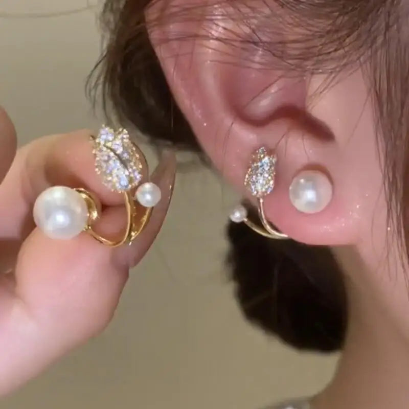 Hot Sale Rhinestone Zircon Pearl Flower Stud Earring Jewelry Dainty Silver Post Tulip Earrings for Women