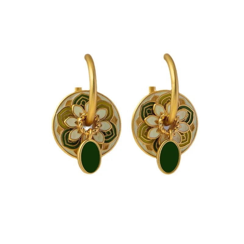 Chinese Retro Multi Wear Enamel Hoop Earrings Buttons Premium Feeling Niche Design Earrings
