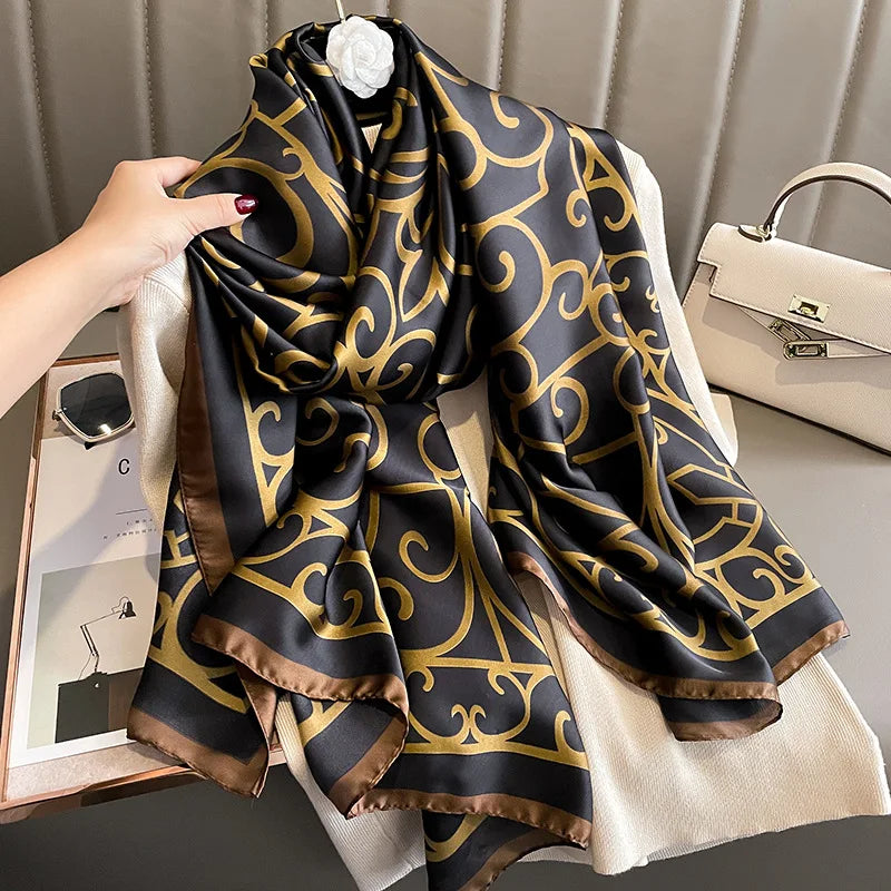 Fashion High Quality Soft Black Logo Printed Silk Scarves Female Shawls Dubai Muslim Women Beach Cover-Ups Wraps Silk Bandana