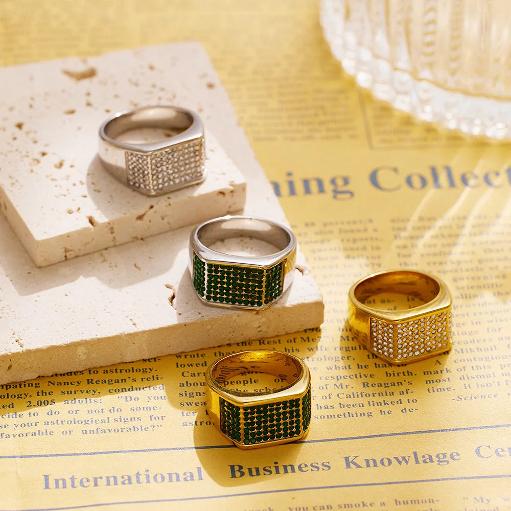 Wholesale Fashion Punk Stainless Steel Gold & Silver Color Rings Waterproof Green Zircon Rings for Man Women