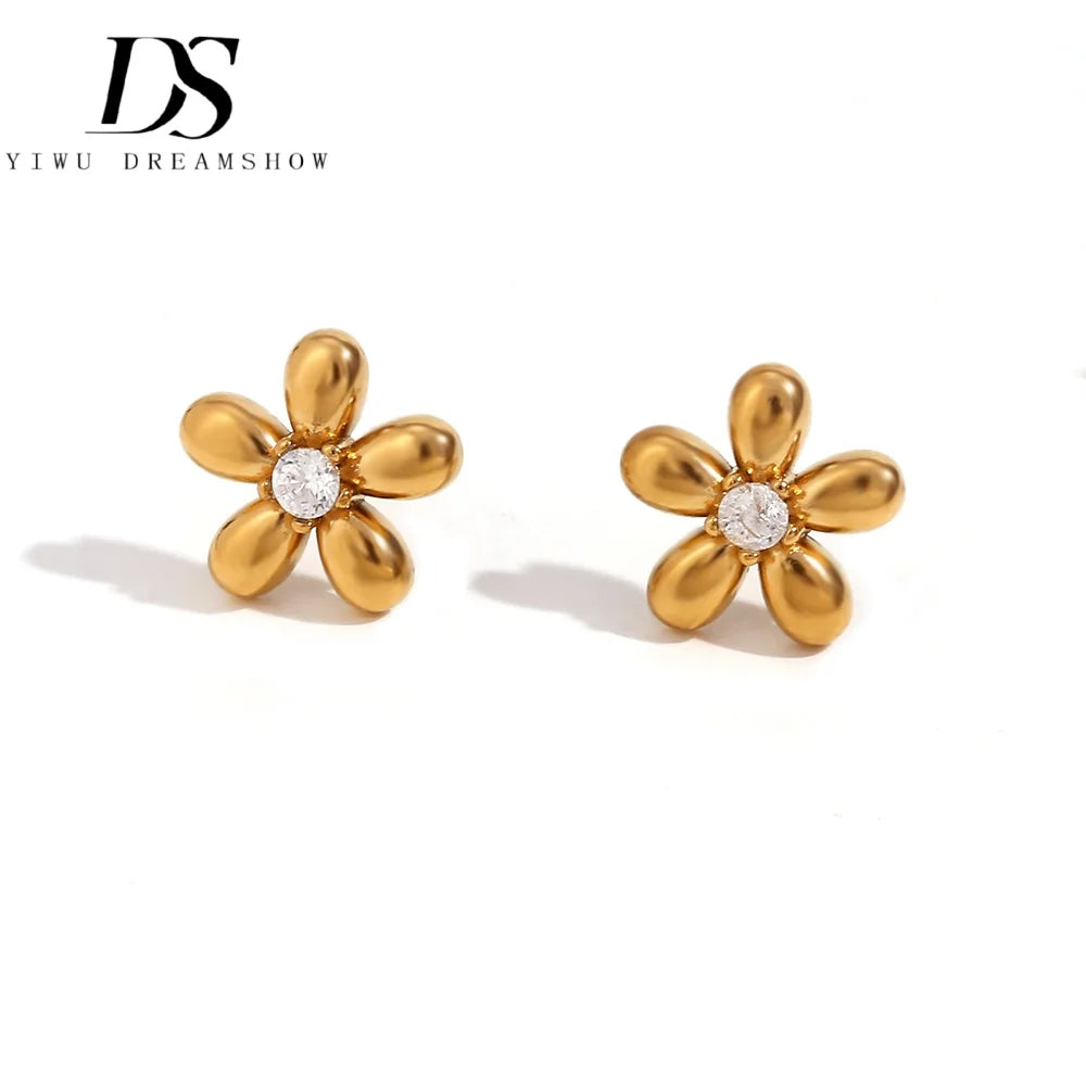 Zircon Flower Crown Eye Stud Earrings Korean Jewelry Stainless Steel Women Earrings PVD Gold Plated Jewelry