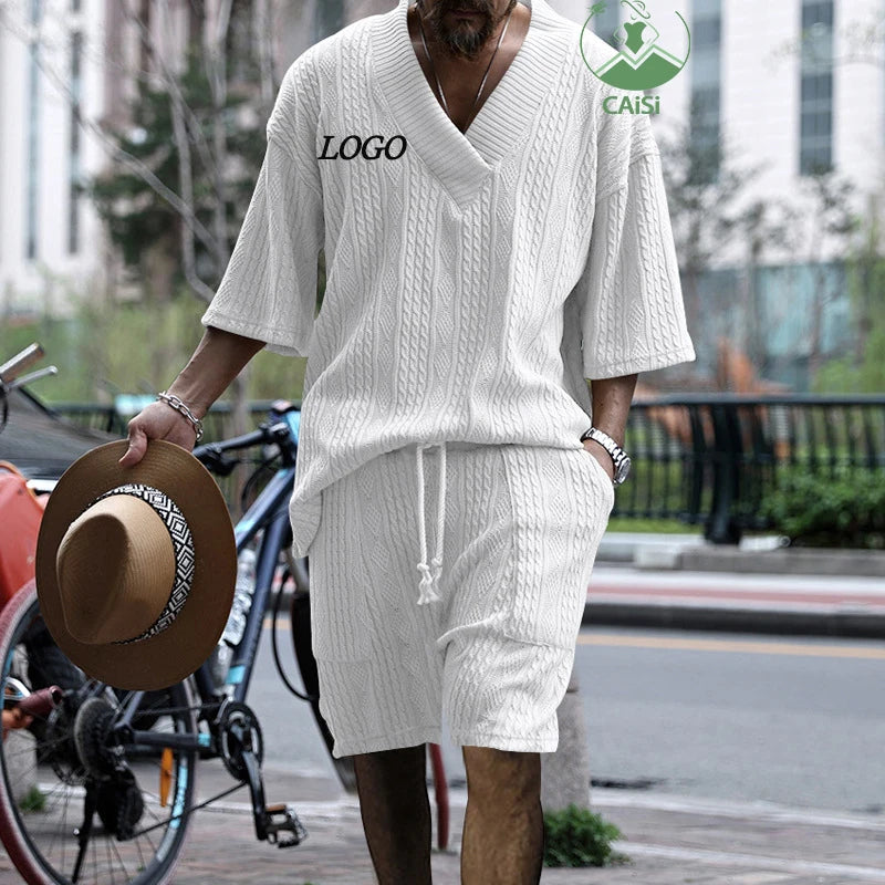 Summer Casual Mens Clothing Set Soild Loose Short Sleeve V-neck T-shirt and Shorts Sports 2 Two Piece Shorts Set for Men