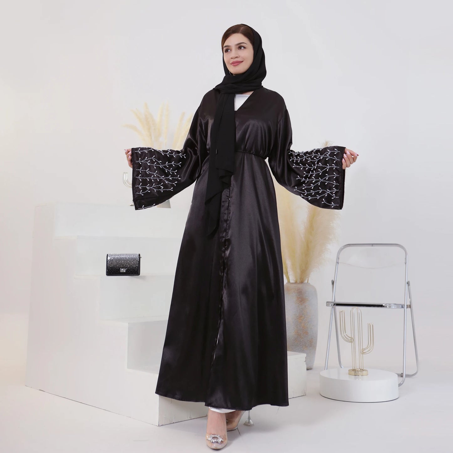 Custom V Neck Long Sleeve Handmade Beads Robes Moroccan Abaya Embroidery Luxury Satin Cardigan Muslim Women Dress