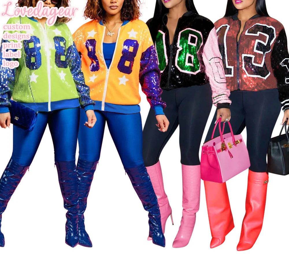 Loveda ODM OEM Women Short Winter Shiny Color Matching Party Glitter Zipper Open Front Sequin Letter Print Jackets