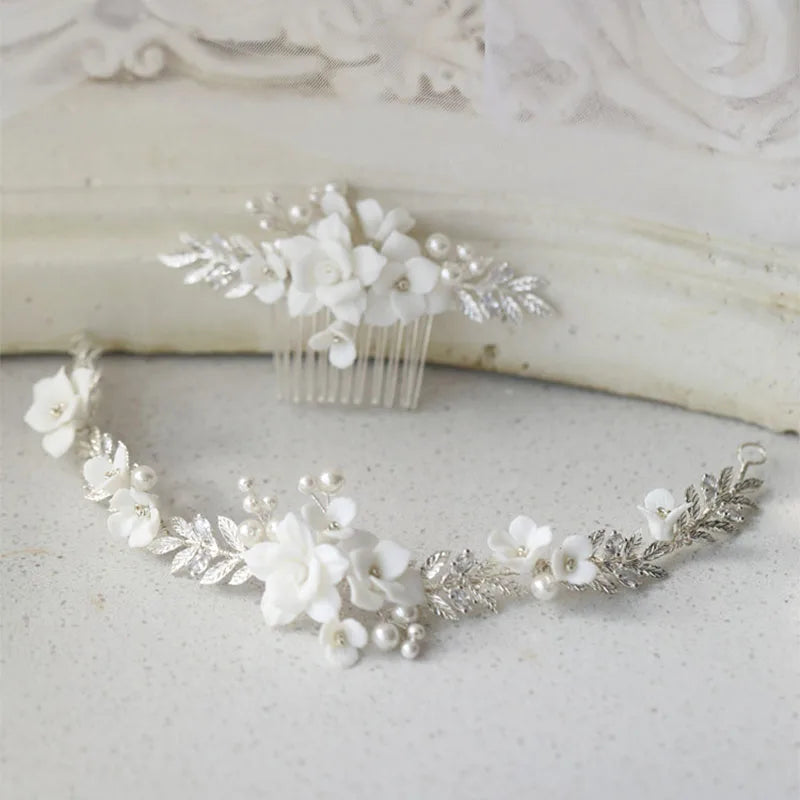 SLBRIDAL Handmade Crystal Rhinestone Ceramic Flower Bridal Headband Hair Comb Wedding Headpieces Hair Accessories Women Jewel