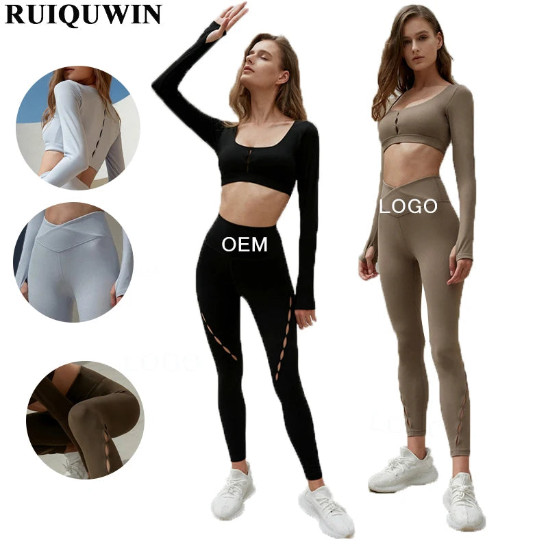 RUIQUWIN Factory Custom Leggings for Women High Quality Leggings Fitness Wear Sports Suits Long Sleeve Seamless Yoga Set