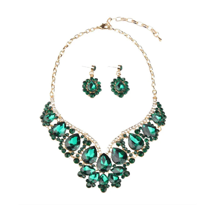 Gold Plated Crystal Rhinestone Glass Necklace and Earrings Set Exaggerated Wedding Party Jewelry Accessories