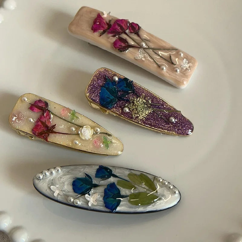 MIO Enamel Retro Chinese Style Hair Pins Luxury Rose Dry Flower Handmade Pearls butterfly Side Clip Hair Clips for Women