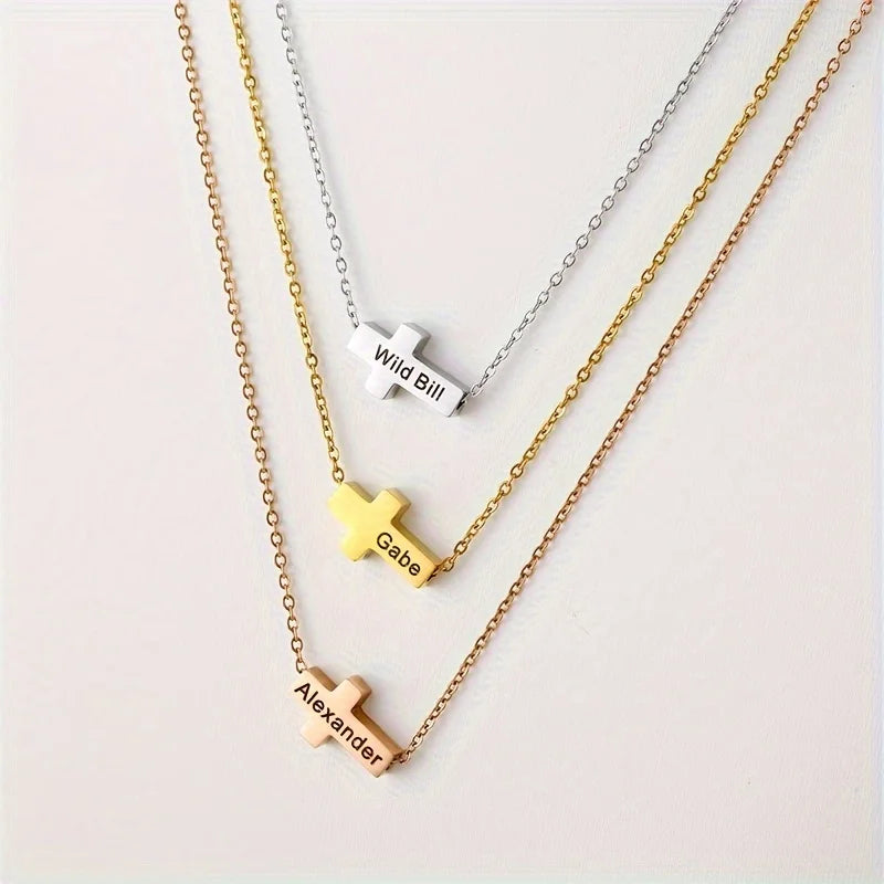 Personalized Stainless Steel Cross Engrave Name Pendant Necklace Female Nameplate Jewelry for Women Birthday Jewelry Gift