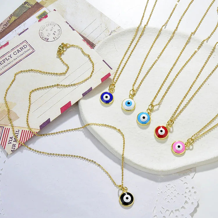 NM1270 Dainty Rainbow Jewelry Gold Plated Enamel Multicolor Evil Eyes Round Disc Charm Pendant Chain Statement Necklace