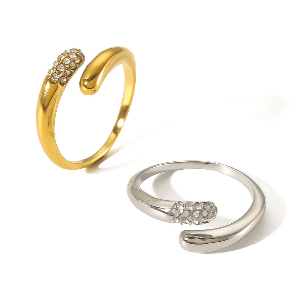 New Arrival 18K Gold Plated Micro CZ Diamond Opening Ring for Women Snake Shape Stainless Steel Jewelry