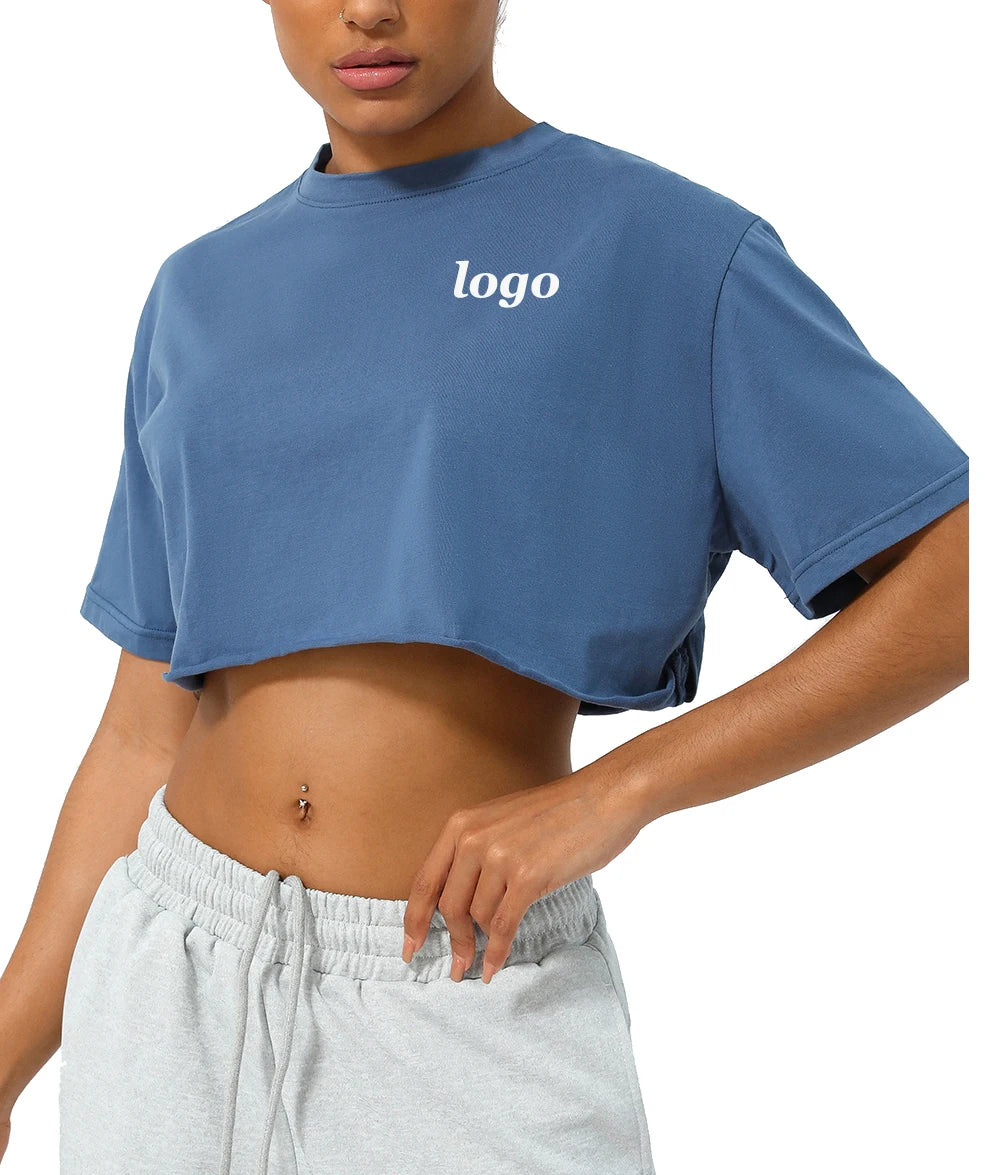 Women Short Sleeve Loose Comfort Quick Dry Soft 100% Cotton Oversize Crop Yoga Sports Top T Shirt