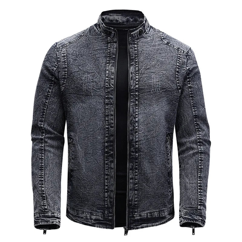 2022 Zipper Denim Jeans Jacket Quality Man Denim Jacket Dark Blue Stand Collar Biker Jacket Motorcycle
