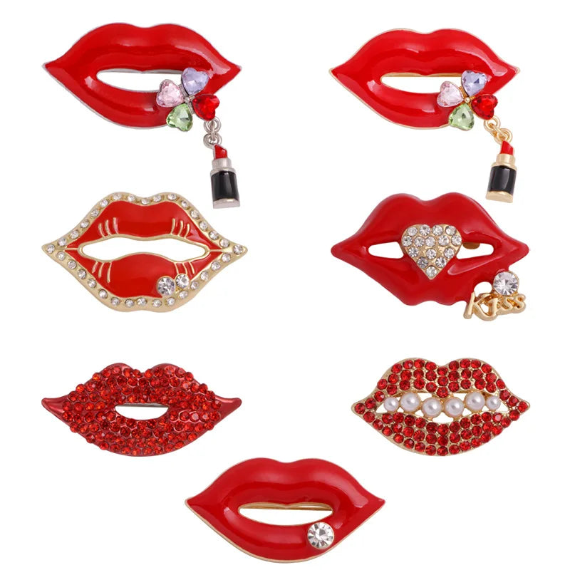 Hot Selling JewelrySexy Red Lip Ladies Brooch Metal Alloy Crystal Rhinestone Brooches Women Pins