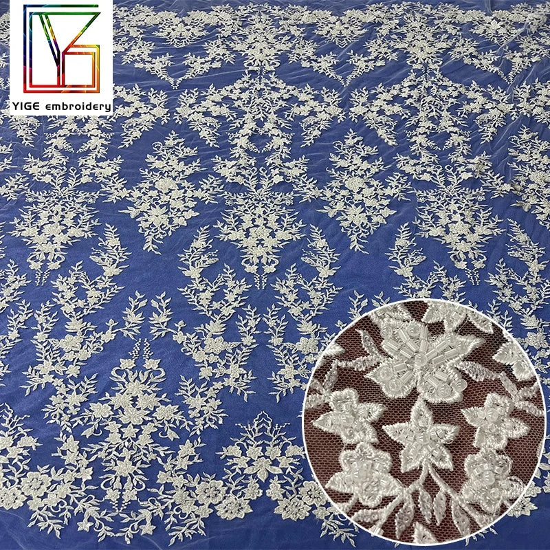 French Luxury White Tulle Embroidered Beads Lace Fabric Heavy Beaded Sequin Lace Fabric for Women Wedding Dress