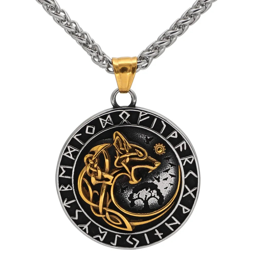 Wholesale Nordic Viking Rune Amulet Necklace Men Jewelry Fashion Round Gold Plated Stainless Steel Wolf Head Pendant Necklace