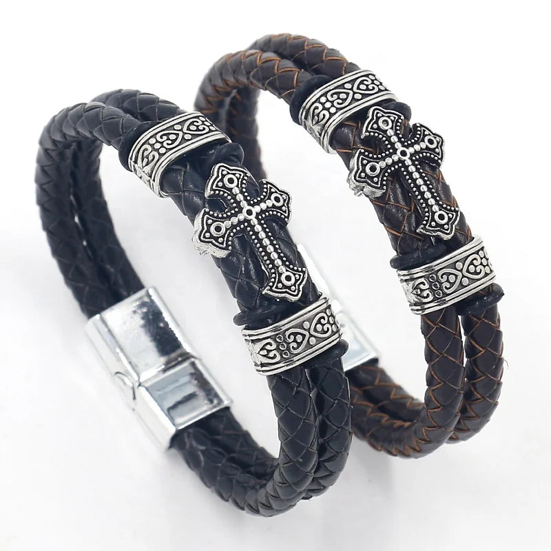 Personalized Jewelry Leather Bracelet Vintage Alloy Cross Genuine Leather  Braided Rope Magnetic Snap Bracelets for Men